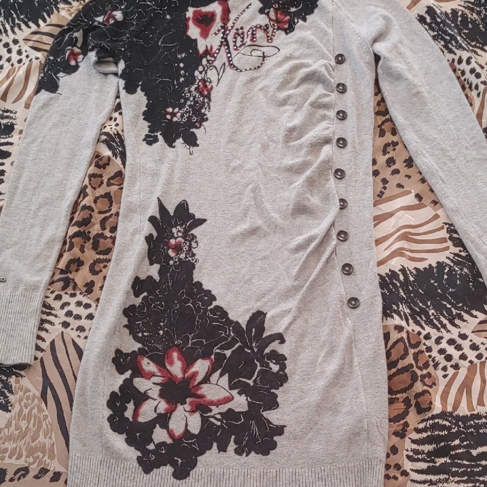 Karv Gray Sweater Dress with Floral Design Sz Sm